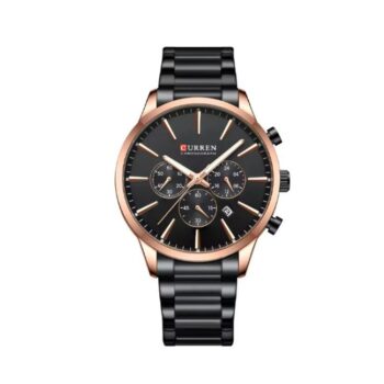 CURREN 8435 men’s chronograph watch with a brown leather strap and black case.
