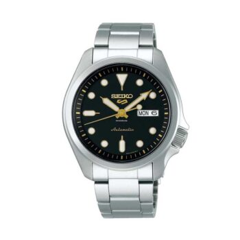 Seiko SRPE57K1 men’s automatic watch with black dial and stainless-steel bracelet.