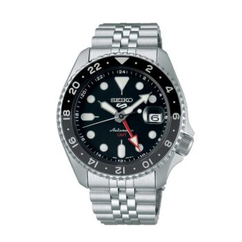 Seiko 5 Sports SSK001K1 automatic GMT men’s watch with black dial and stainless-steel bracelet.