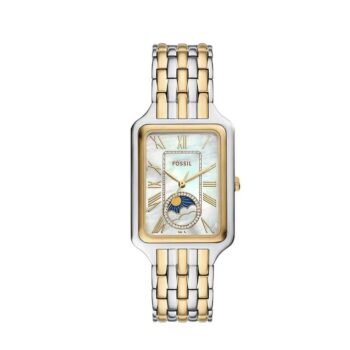 Fossil Raquel ES5399 women’s two-tone stainless steel watch with mother-of-pearl dial and sun-moon indicator.