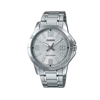 Casio MTP-V004D-7B2 men’s silver analog watch with stainless-steel bracelet and date display.