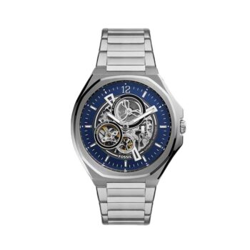 Fossil BQ2620 Evanston men’s automatic skeleton watch with stainless steel bracelet.