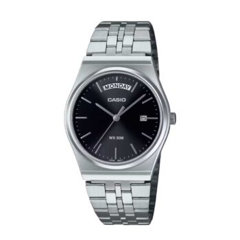 Casio MTP-B146D-1A men’s analog watch with black dial and stainless-steel bracelet.