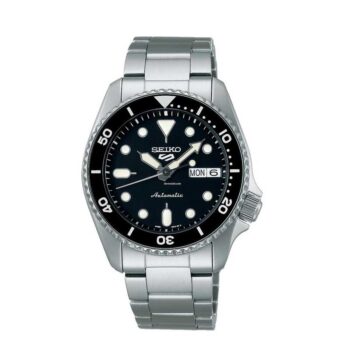 Seiko SRPK29K1 5 Sports automatic watch with black dial and stainless-steel bracelet.