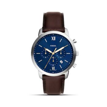 Fossil FS6018 Neutra men’s chronograph watch with blue dial and brown leather strap.