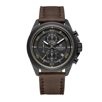 : NAVIFORCE NF8075 men’s chronograph watch with black dial and genuine leather strap.