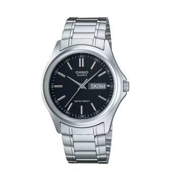 Quartz analog movement Stainless steel bracelet Day & date display Mineral glass crystal 50 m water resistant Classic black dial Elegant everyday design