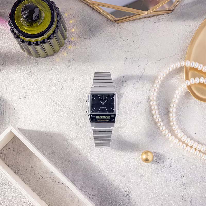 Casio Vintage AQ-800E-1A Unisex Analog-Digital Watch – Black Dial & Silver Bracelet - Image 3