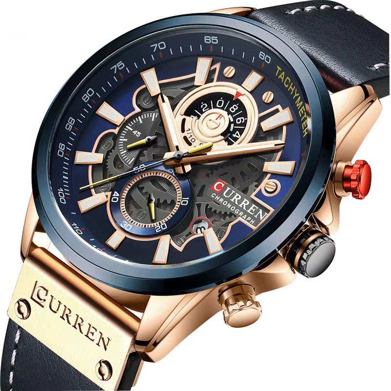 Curren 8380 Men's Chronograph Watch – Blue & Rose Gold with Black Leather Strap - Image 2