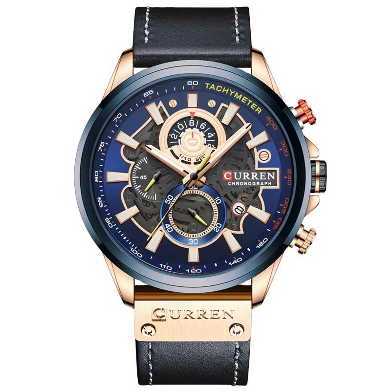 Curren 8380 Men's Chronograph Watch – Blue & Rose Gold with Black Leather Strap