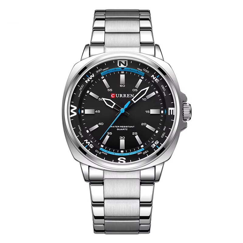 Curren 8455 Men's Silver Quartz Watch – Black Dial with Blue Accents
