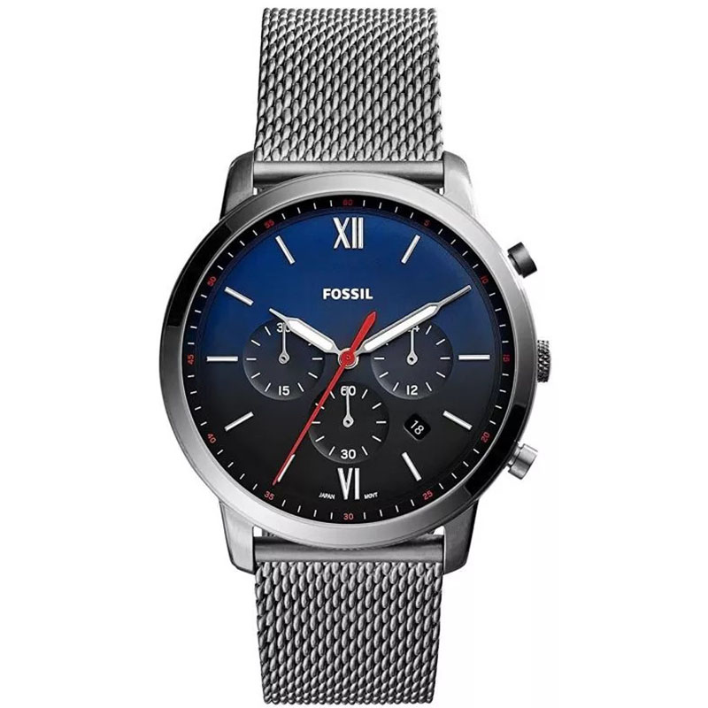 Fossil FS5383 Men's Blue Chronograph Watch – Silver Stainless Steel Mesh Strap