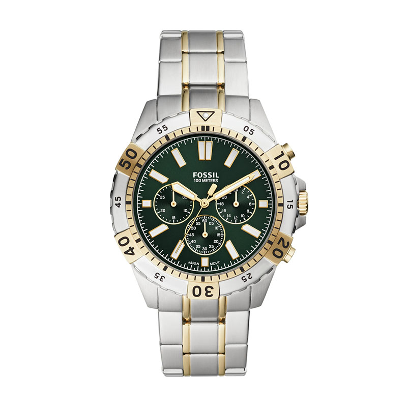 Fossil FS5622 Men's Two-Tone Chronograph Watch – Green Dial & Silver Gold Bracelet