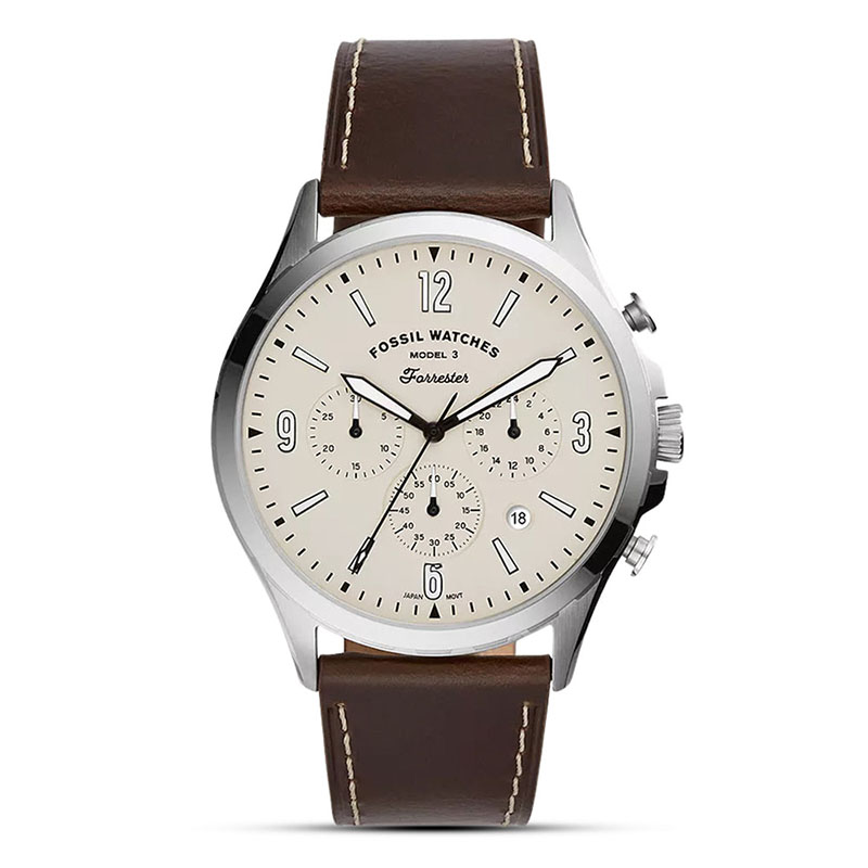 Fossil FS5696 Forester Men's Chronograph Watch – Cream Dial & Brown Leather Strap