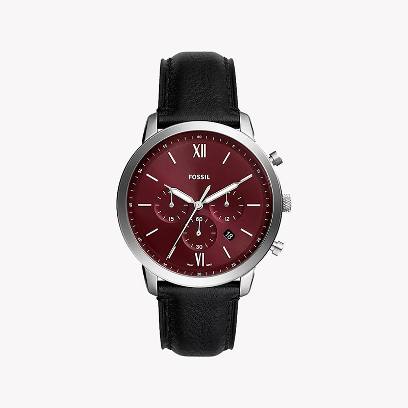 Fossil FS6016 Men's Silver Chronograph Watch – Burgundy Dial & Black Leather Strap