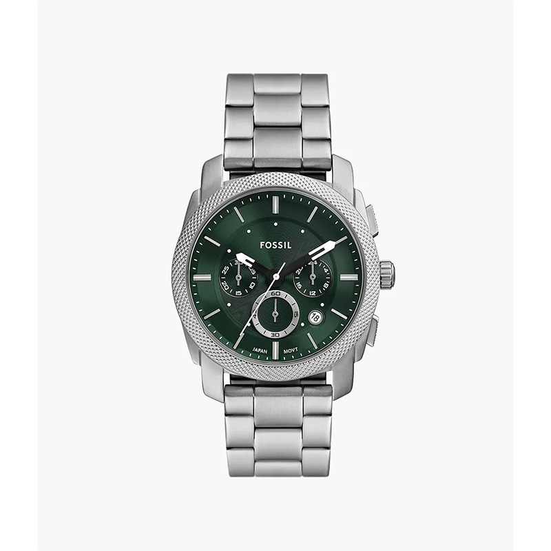 Fossil FS6079 Men's Silver Chronograph Watch – Green Dial & Metal Bracelet