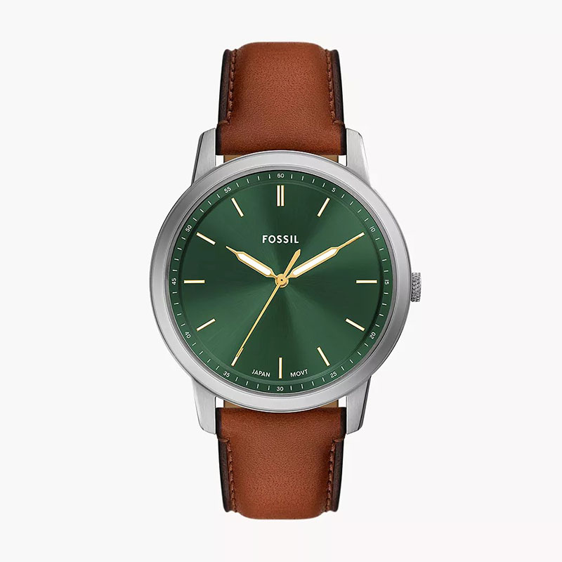 Fossil FS6094 Men's Green Dial Watch – Silver Case & Brown Leather Strap
