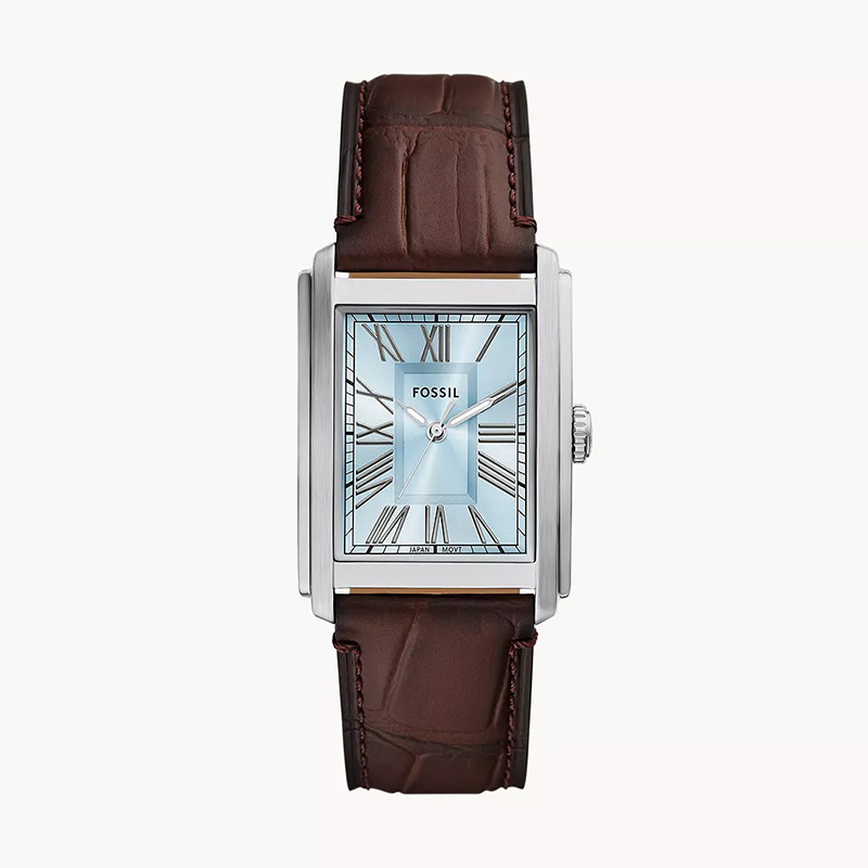 Fossil FS6110 Men's Rectangular Watch – Silver Dial & Black Leather Strap