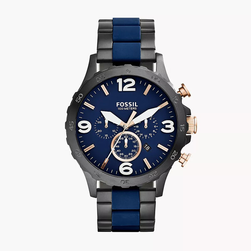 Fossil JR1494 Men's Blue Chronograph Watch – Black Case & Two-Tone Bracelet