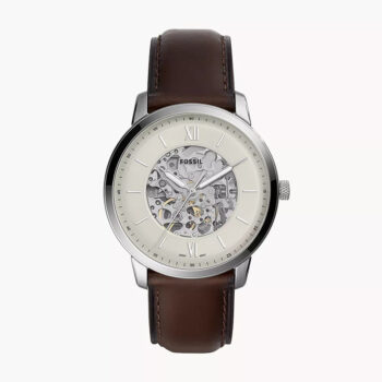 Fossil ME3184 Men's Skeleton Watch – Silver Dial & Brown Leather Strap