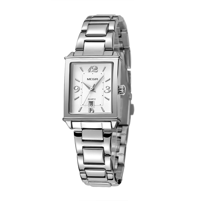 Megir 1079L Ladies Silver Rectangular Quartz Watch – White Dial