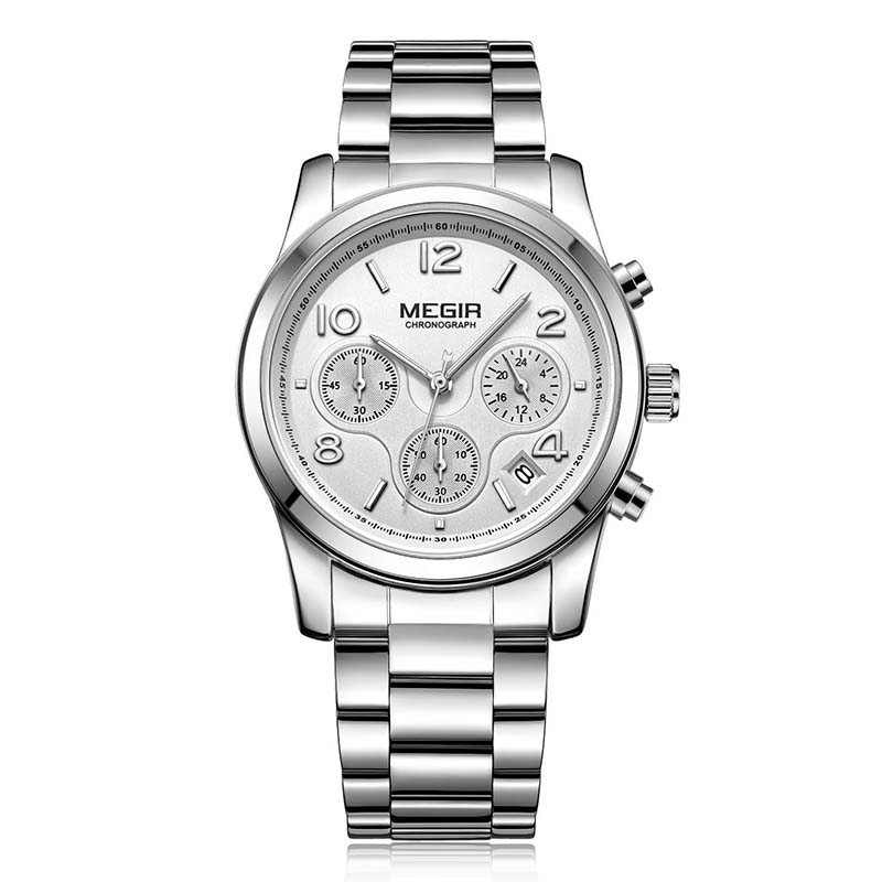 Megir 2057 Ladies Silver Stainless Steel Chronograph Watch – Silver Dial